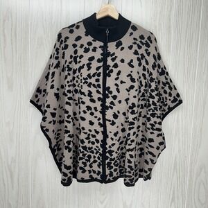 Nicole Miller Poncho Sweater Womens Black Tan L/XL Animal Cheetah Print Full Zip